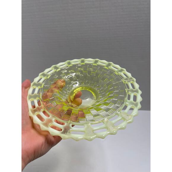 Fenton Basketweave Canary Yellow Opalescent Glass Bowl 7in Two Row Pierced Edge - Picture 8 of 10